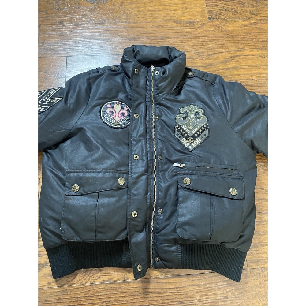 Dereon Black Quilted Puffer Bomber Jacket with Army Embroidered Patches - Picture 7 of 11
